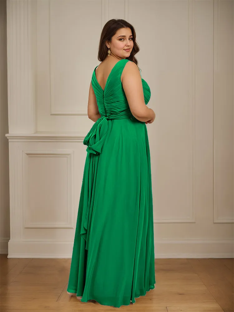 Ruched V Neck Plus Size Floor Length Bridesmaid Dresses