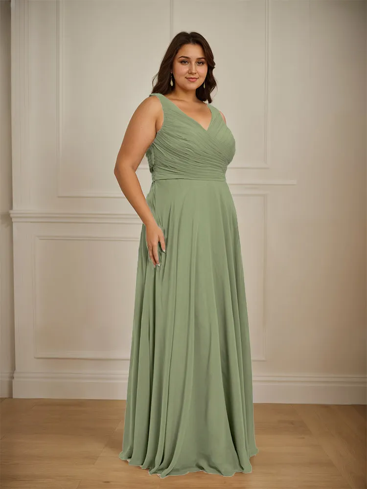Ruched V Neck Plus Size Floor Length Bridesmaid Dresses