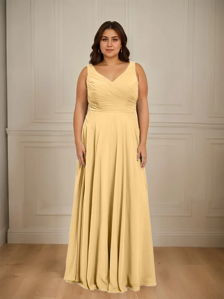 Ruched V Neck Plus Size Floor Length Bridesmaid Dresses
