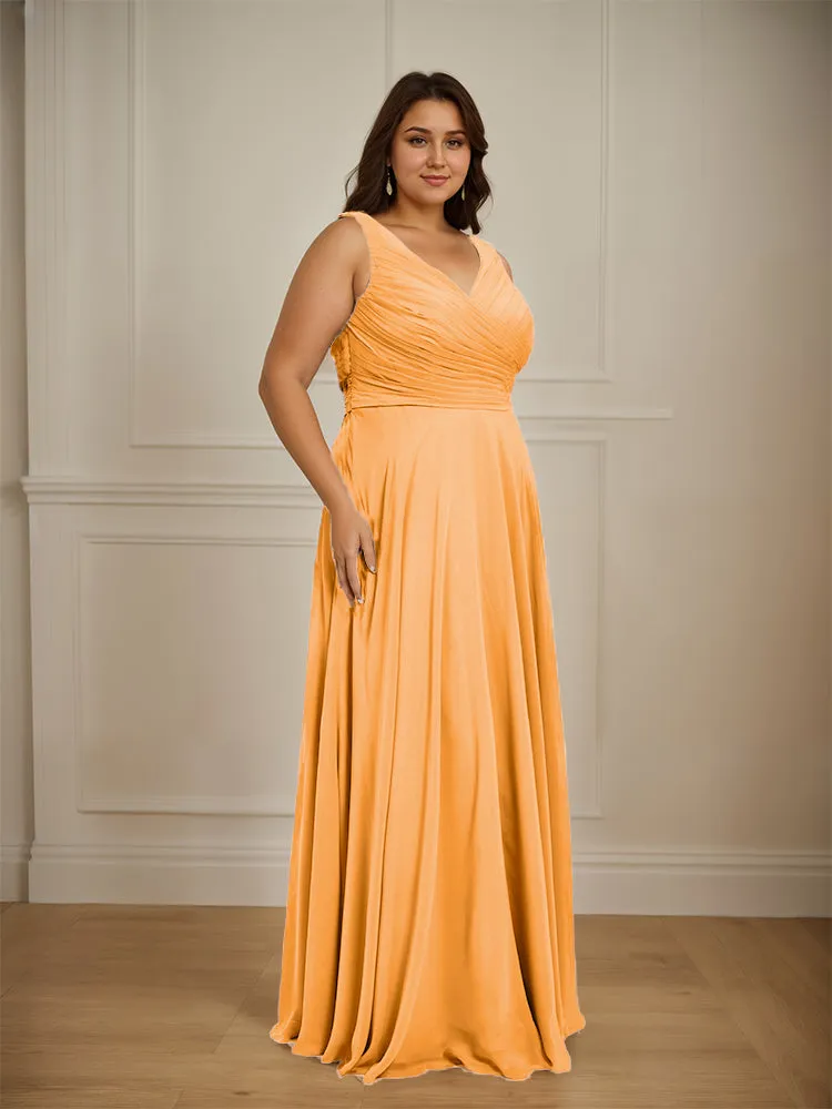 Ruched V Neck Plus Size Floor Length Bridesmaid Dresses