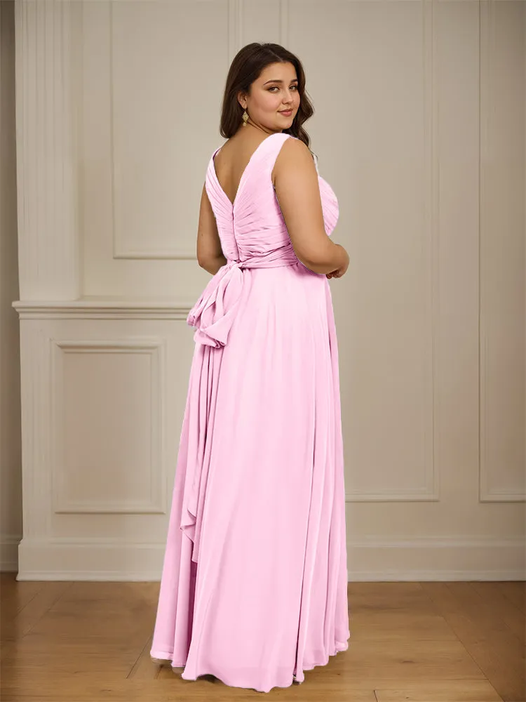 Ruched V Neck Plus Size Floor Length Bridesmaid Dresses