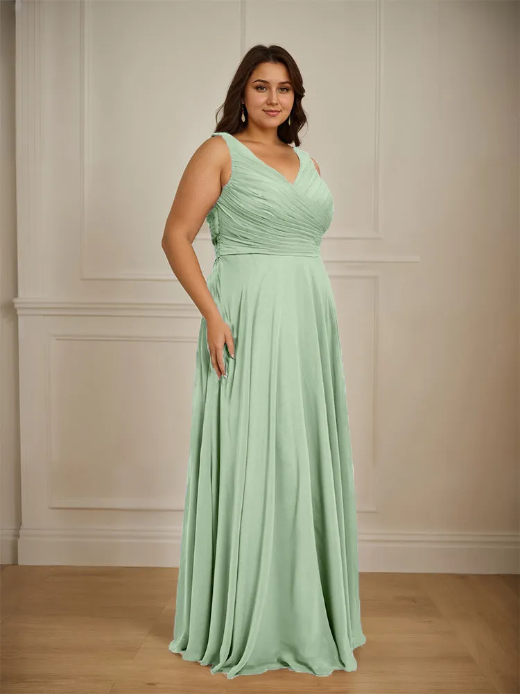 Ruched V Neck Plus Size Floor Length Bridesmaid Dresses