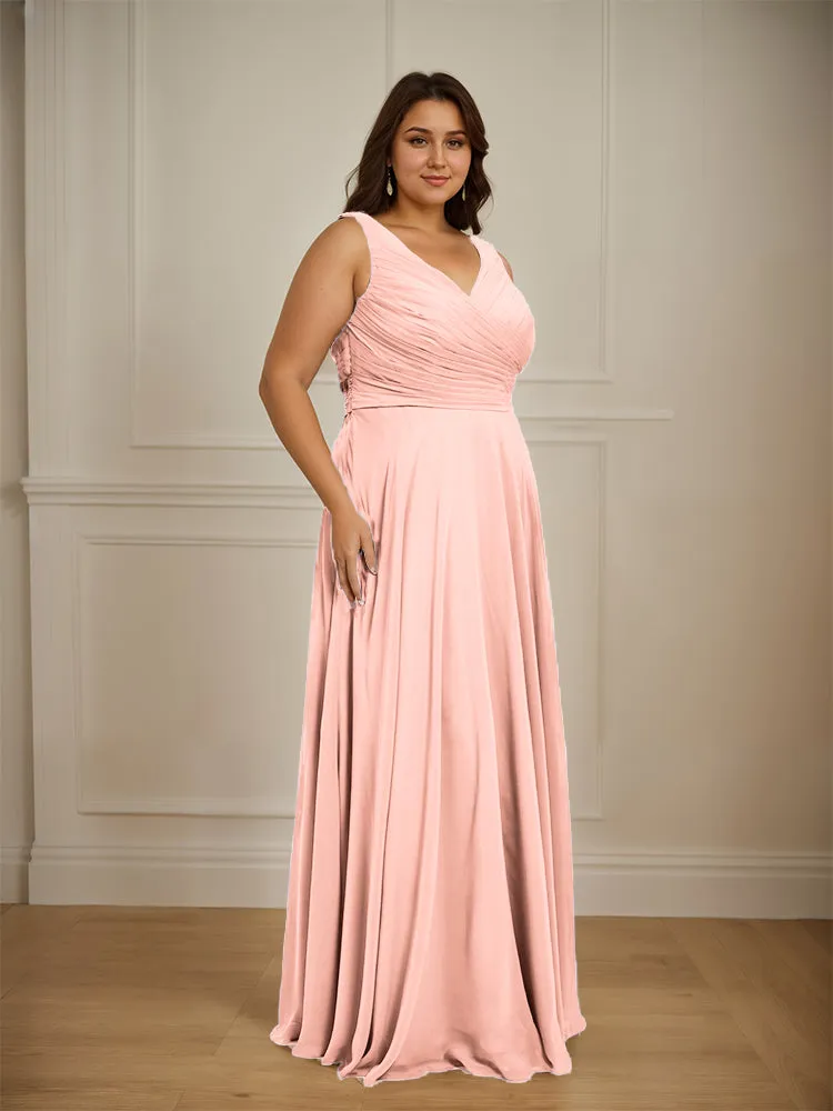Ruched V Neck Plus Size Floor Length Bridesmaid Dresses