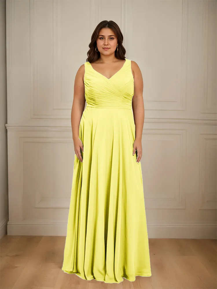 Ruched V Neck Plus Size Floor Length Bridesmaid Dresses