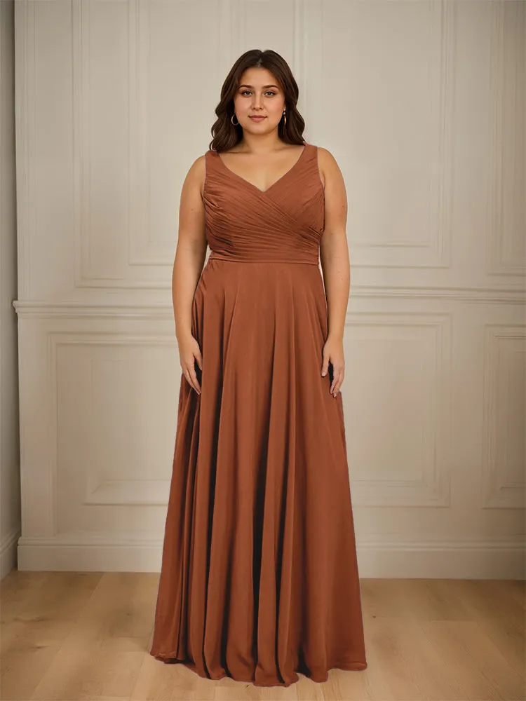Ruched V Neck Plus Size Floor Length Bridesmaid Dresses