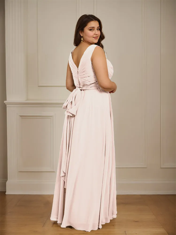 Ruched V Neck Plus Size Floor Length Bridesmaid Dresses