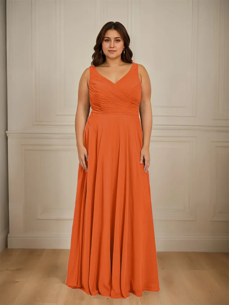 Ruched V Neck Plus Size Floor Length Bridesmaid Dresses
