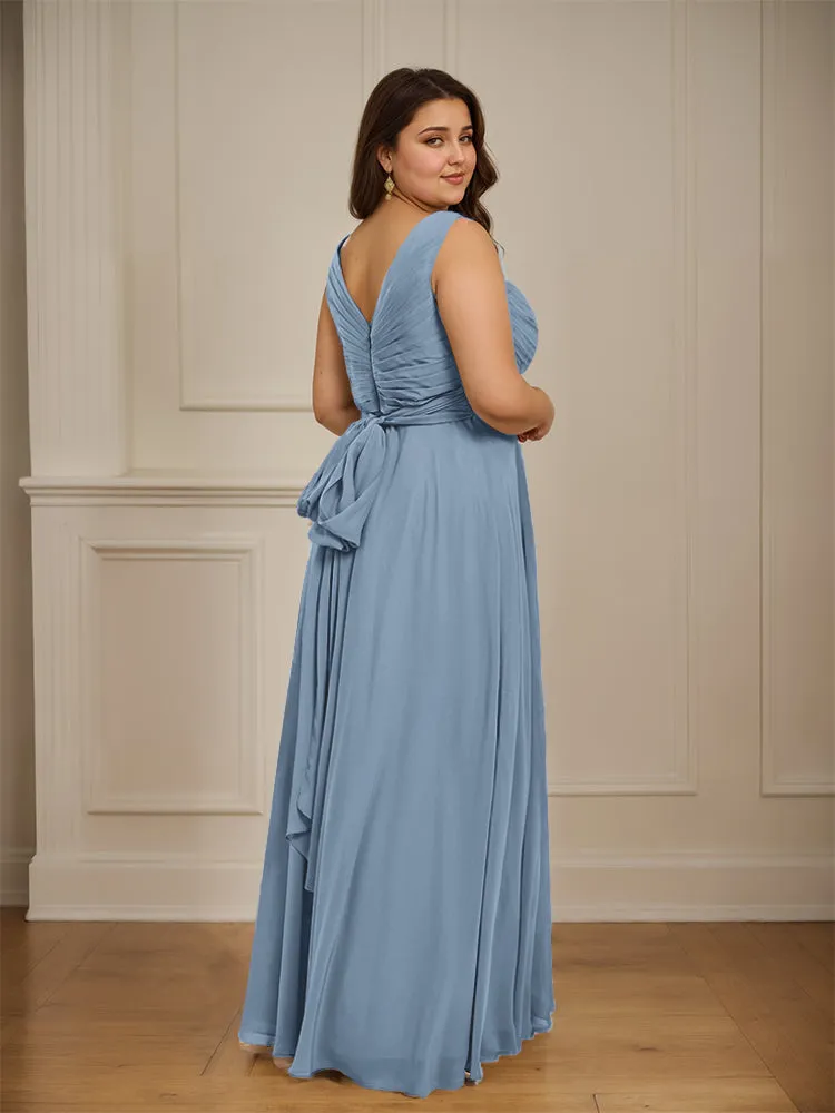 Ruched V Neck Plus Size Floor Length Bridesmaid Dresses