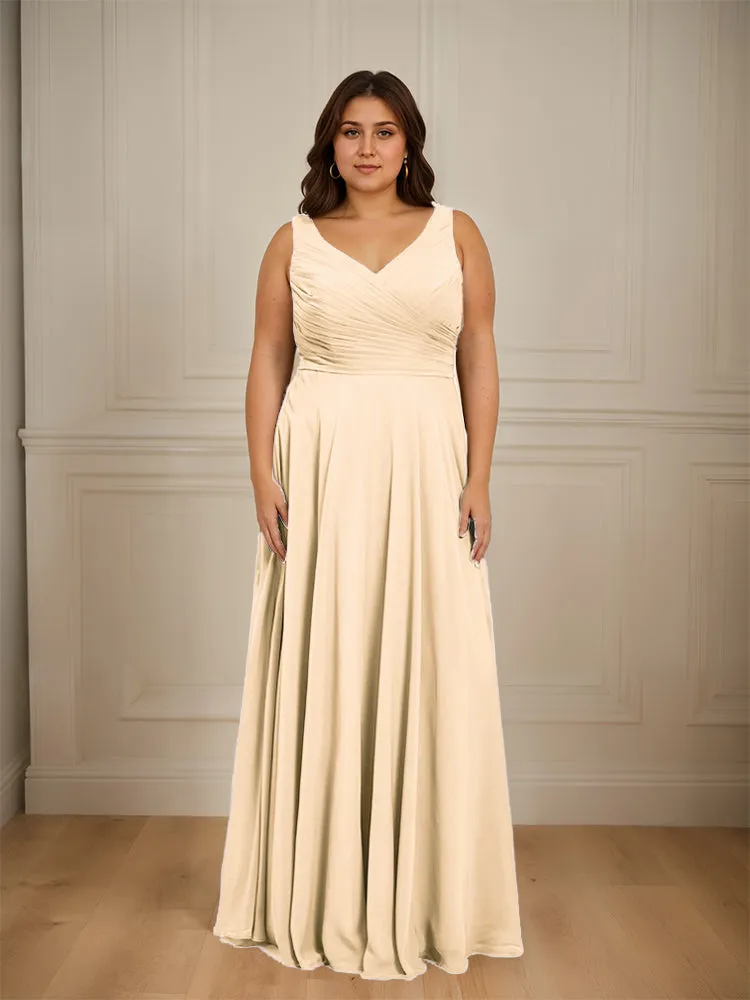 Ruched V Neck Plus Size Floor Length Bridesmaid Dresses