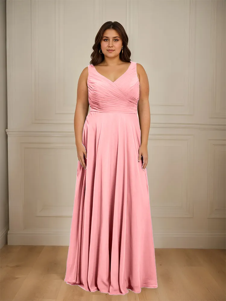 Ruched V Neck Plus Size Floor Length Bridesmaid Dresses