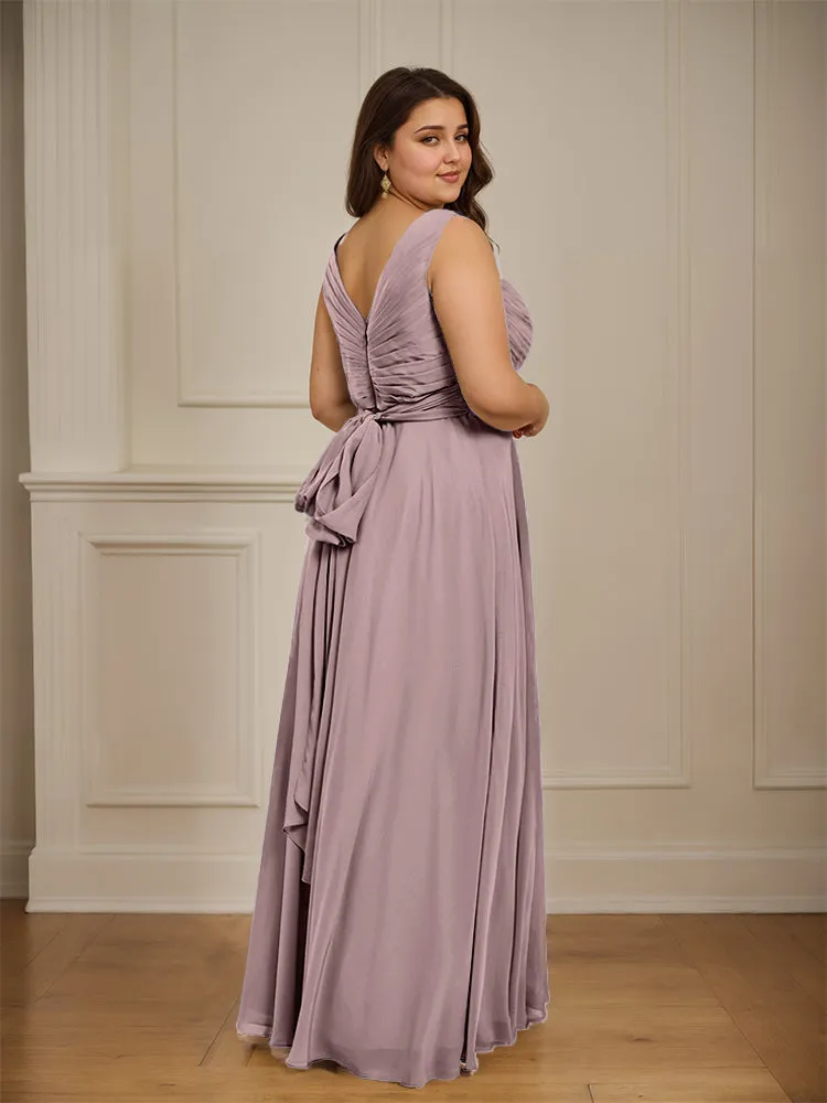 Ruched V Neck Plus Size Floor Length Bridesmaid Dresses