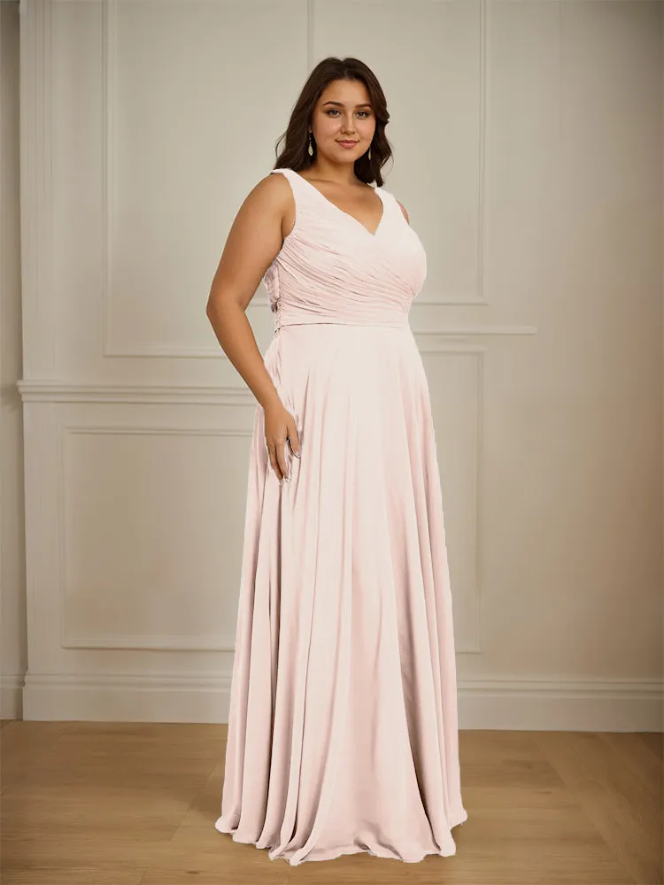 Ruched V Neck Plus Size Floor Length Bridesmaid Dresses