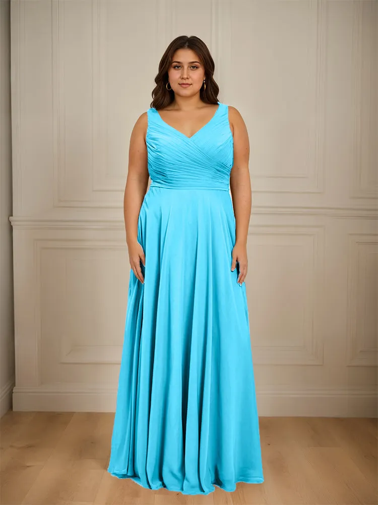 Ruched V Neck Plus Size Floor Length Bridesmaid Dresses