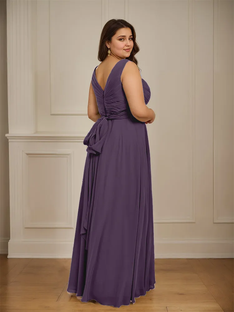 Ruched V Neck Plus Size Floor Length Bridesmaid Dresses