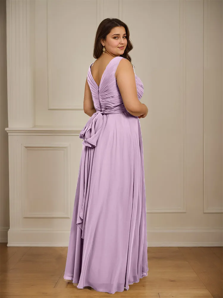 Ruched V Neck Plus Size Floor Length Bridesmaid Dresses