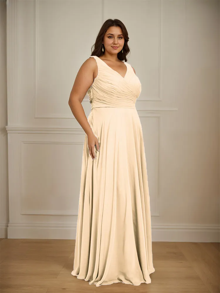 Ruched V Neck Plus Size Floor Length Bridesmaid Dresses