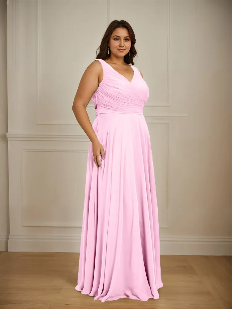Ruched V Neck Plus Size Floor Length Bridesmaid Dresses