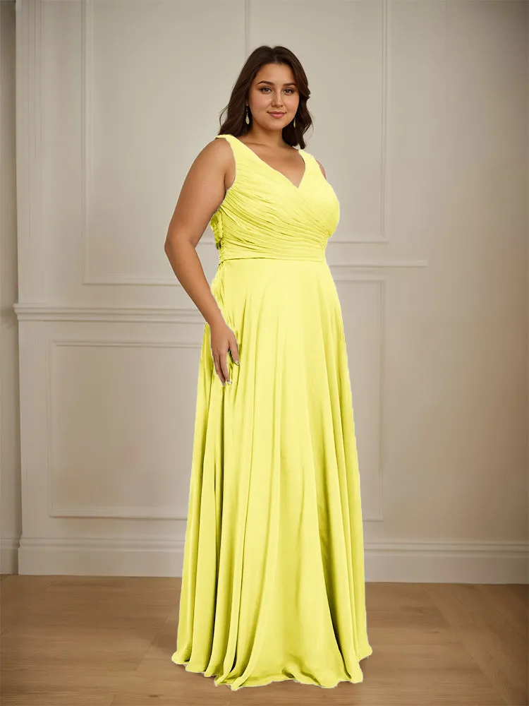 Ruched V Neck Plus Size Floor Length Bridesmaid Dresses