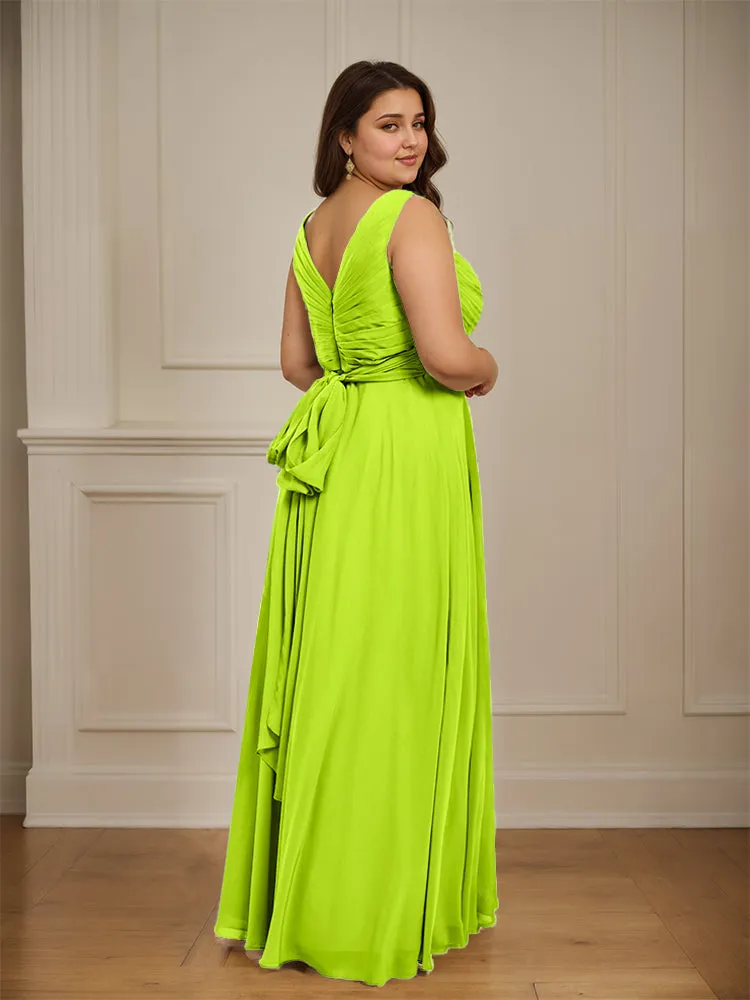 Ruched V Neck Plus Size Floor Length Bridesmaid Dresses