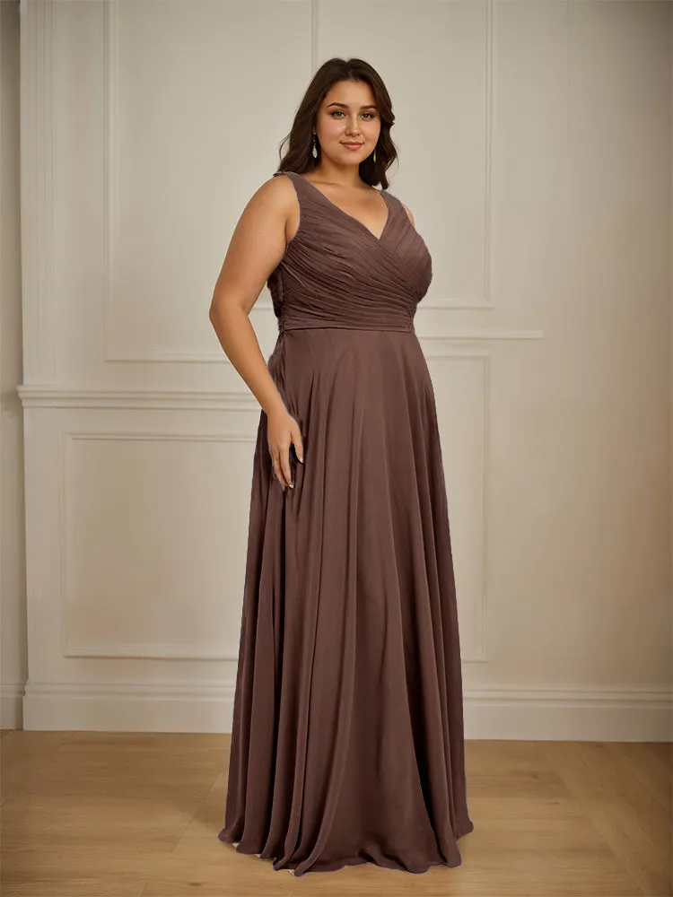Ruched V Neck Plus Size Floor Length Bridesmaid Dresses