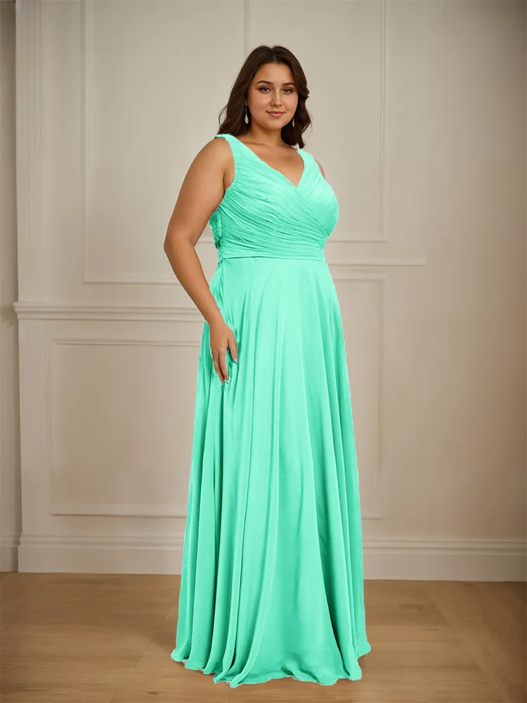 Ruched V Neck Plus Size Floor Length Bridesmaid Dresses