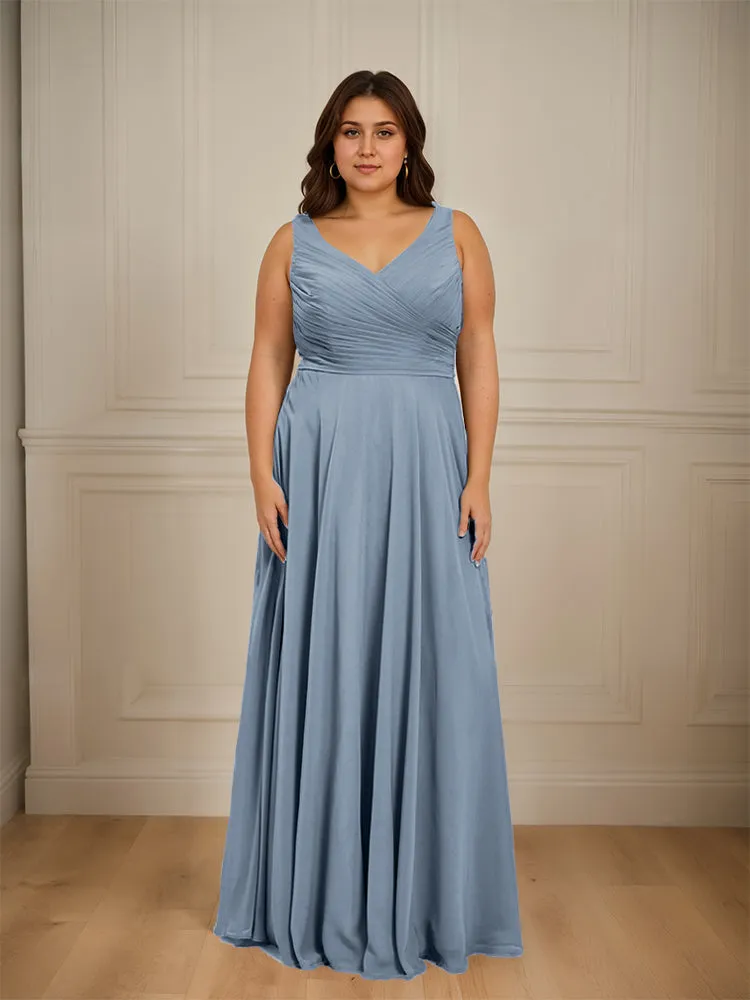 Ruched V Neck Plus Size Floor Length Bridesmaid Dresses
