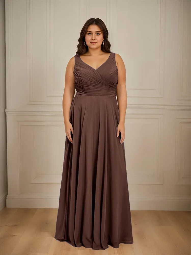 Ruched V Neck Plus Size Floor Length Bridesmaid Dresses