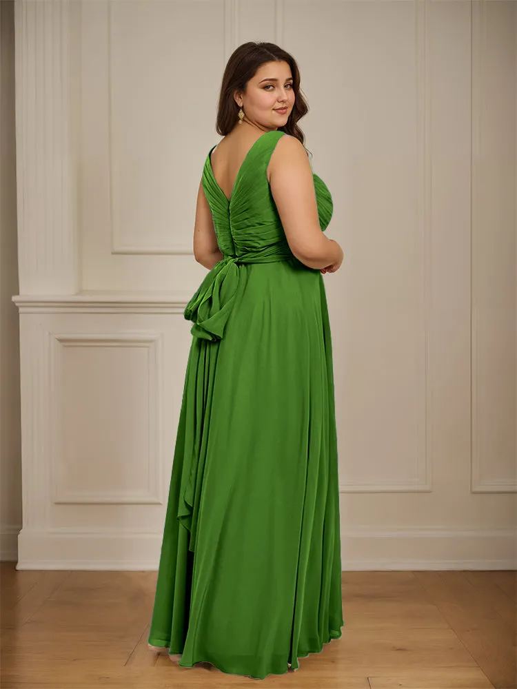 Ruched V Neck Plus Size Floor Length Bridesmaid Dresses