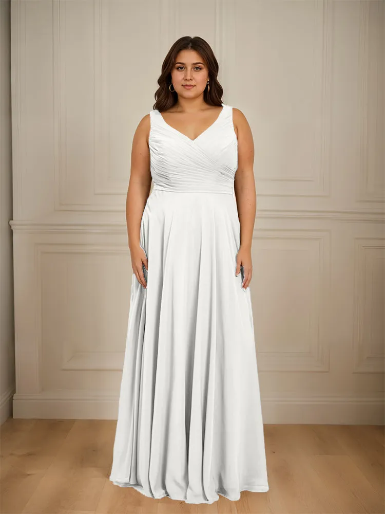 Ruched V Neck Plus Size Floor Length Bridesmaid Dresses