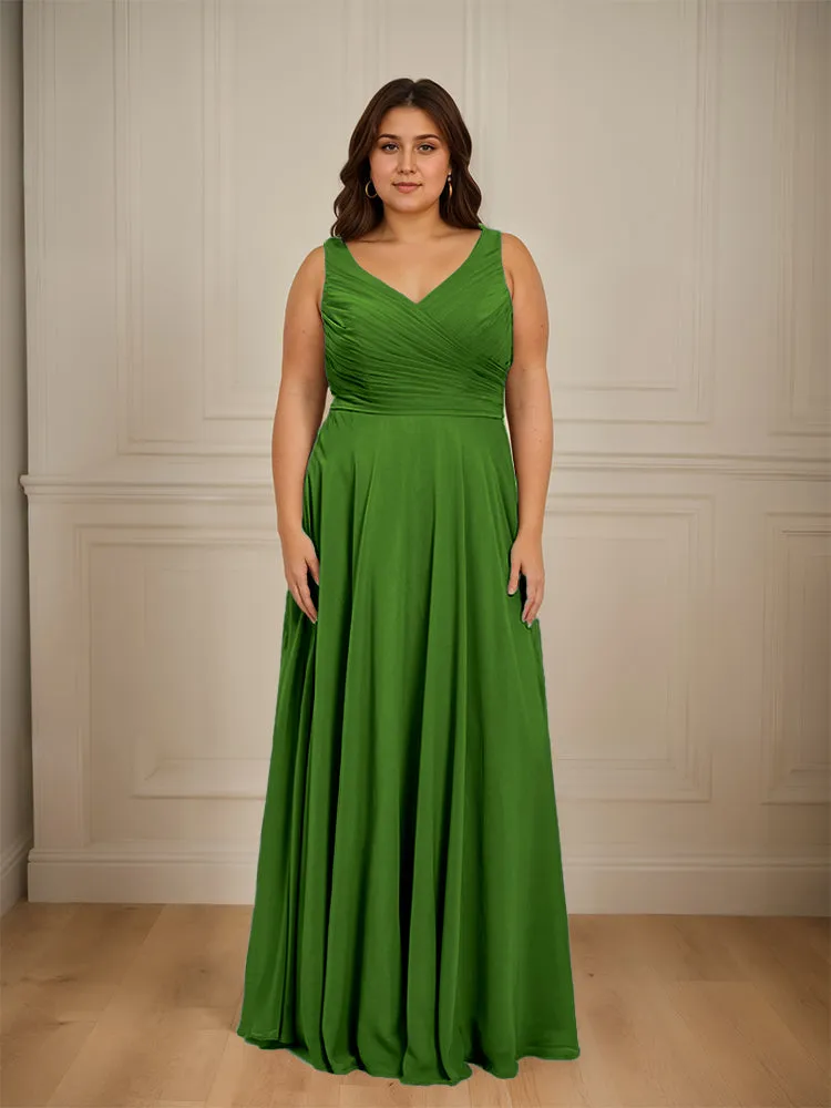 Ruched V Neck Plus Size Floor Length Bridesmaid Dresses