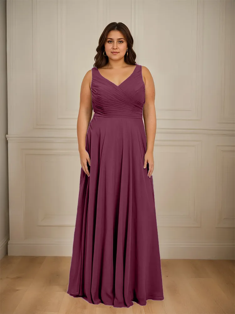 Ruched V Neck Plus Size Floor Length Bridesmaid Dresses