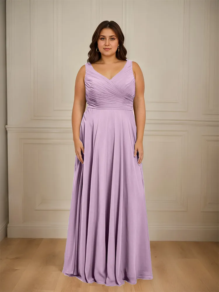 Ruched V Neck Plus Size Floor Length Bridesmaid Dresses