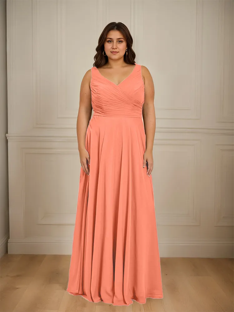 Ruched V Neck Plus Size Floor Length Bridesmaid Dresses