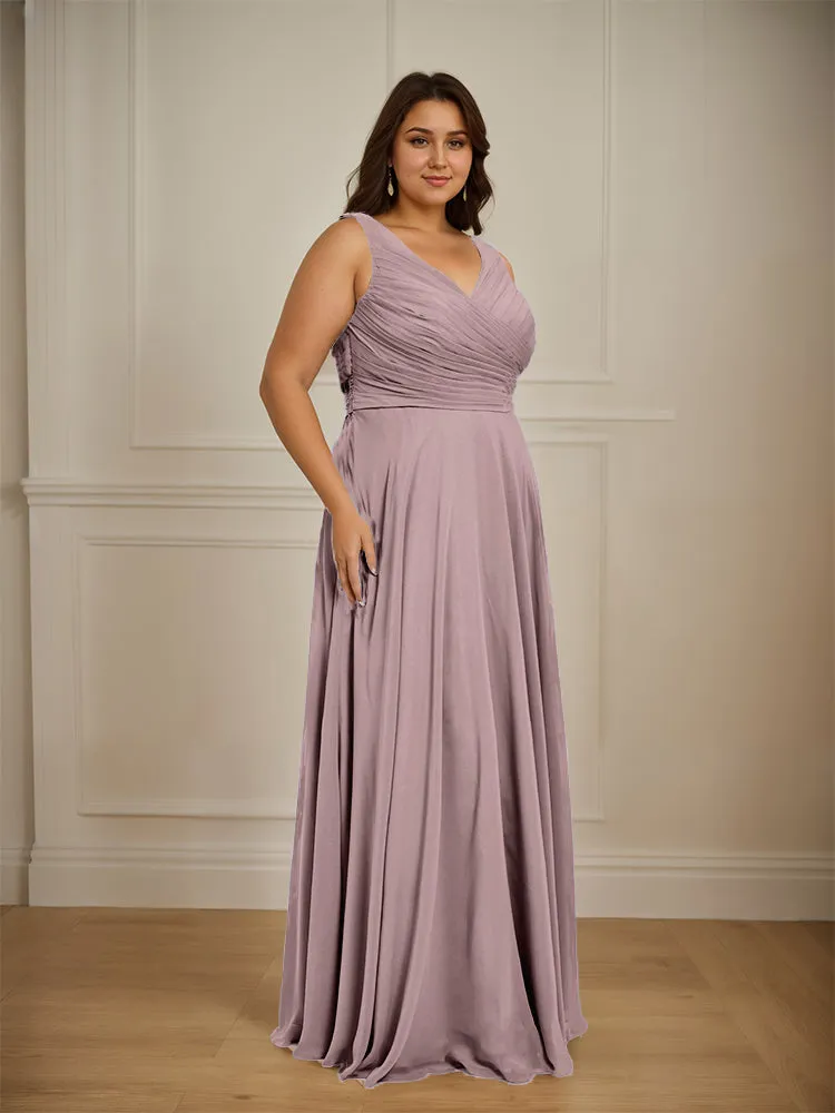 Ruched V Neck Plus Size Floor Length Bridesmaid Dresses