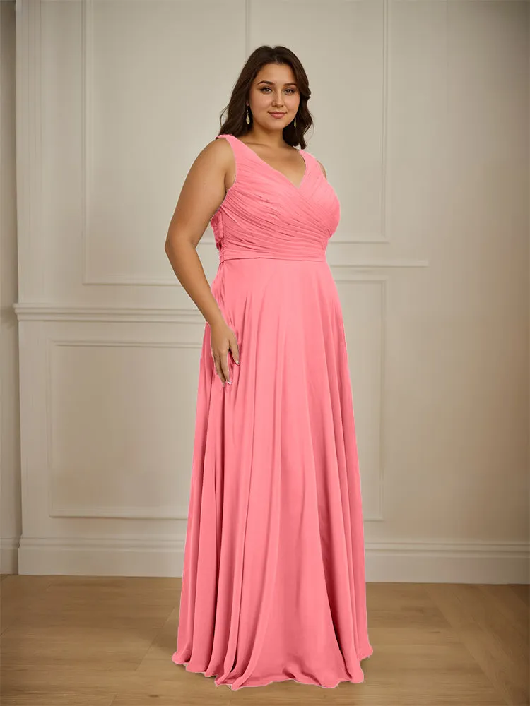 Ruched V Neck Plus Size Floor Length Bridesmaid Dresses