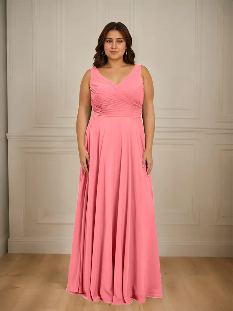 Ruched V Neck Plus Size Floor Length Bridesmaid Dresses