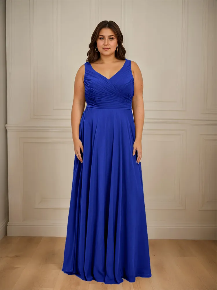 Ruched V Neck Plus Size Floor Length Bridesmaid Dresses
