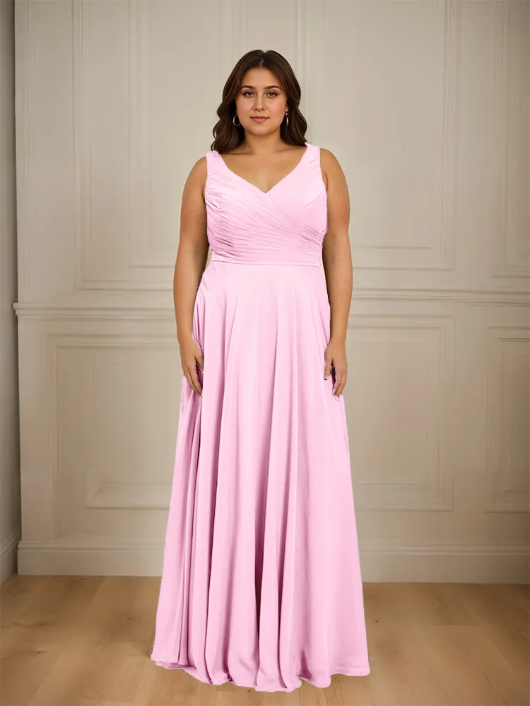 Ruched V Neck Plus Size Floor Length Bridesmaid Dresses