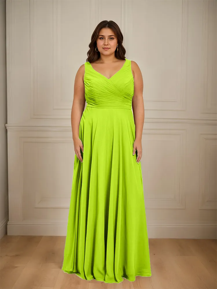 Ruched V Neck Plus Size Floor Length Bridesmaid Dresses