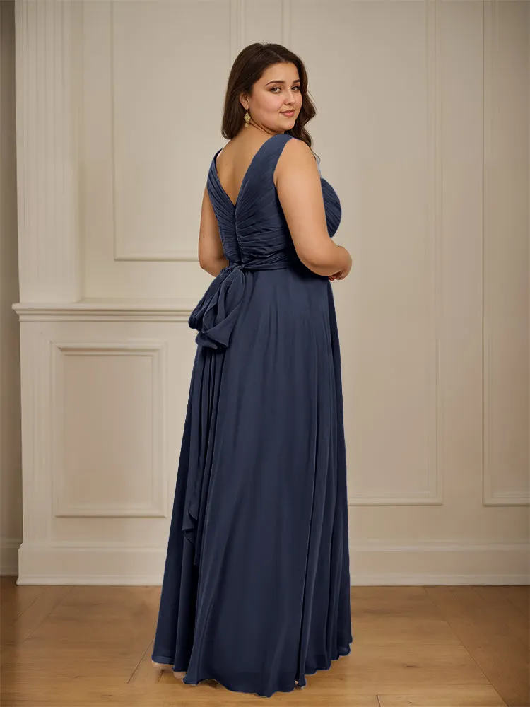 Ruched V Neck Plus Size Floor Length Bridesmaid Dresses