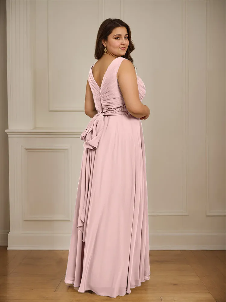 Ruched V Neck Plus Size Floor Length Bridesmaid Dresses