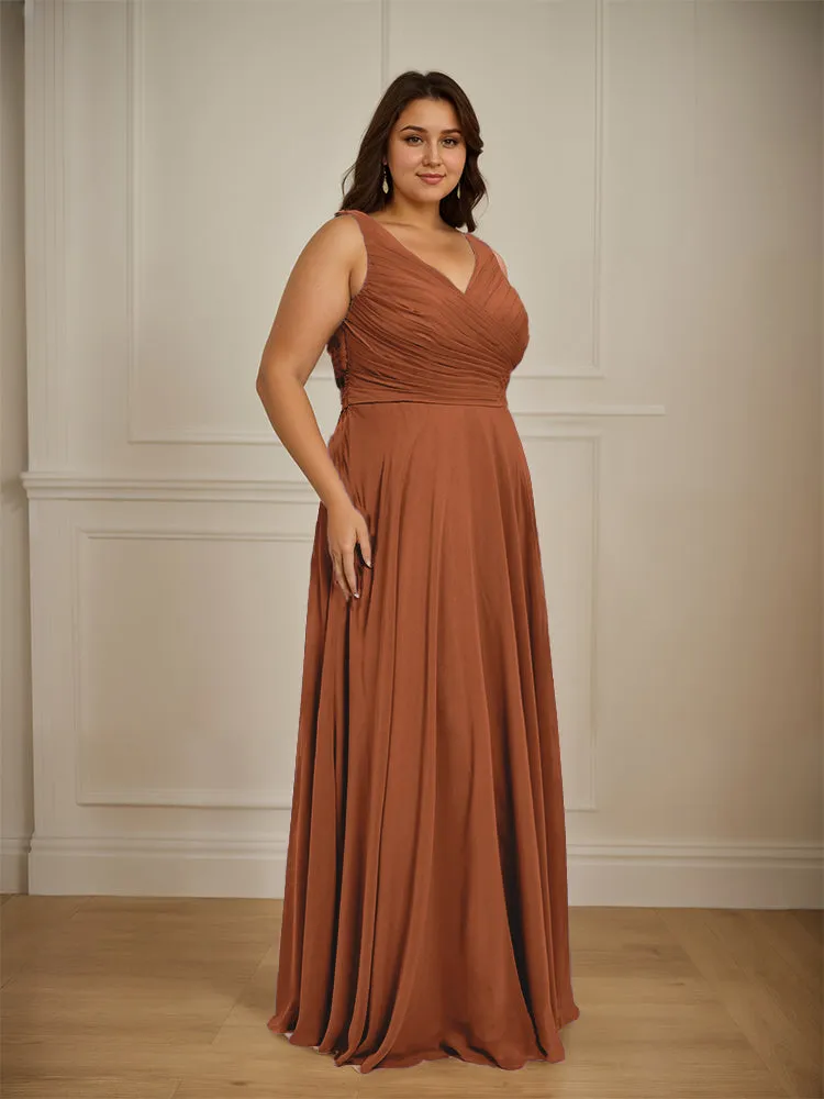 Ruched V Neck Plus Size Floor Length Bridesmaid Dresses