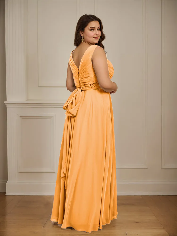 Ruched V Neck Plus Size Floor Length Bridesmaid Dresses