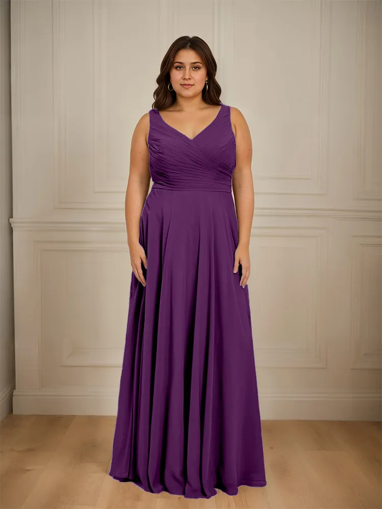 Ruched V Neck Plus Size Floor Length Bridesmaid Dresses