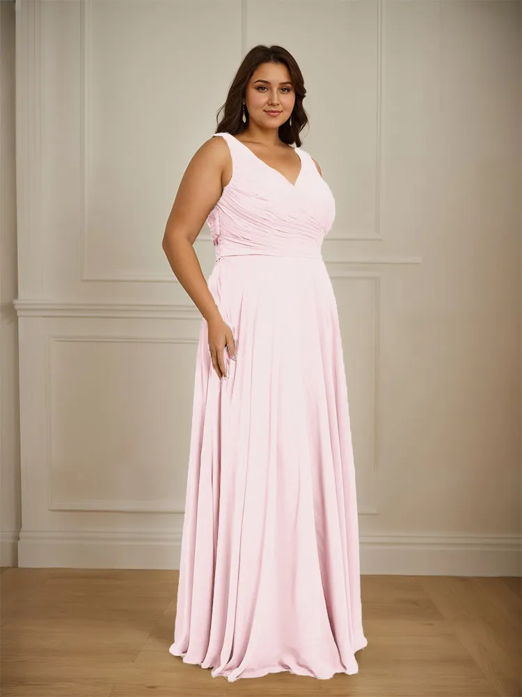 Ruched V Neck Plus Size Floor Length Bridesmaid Dresses