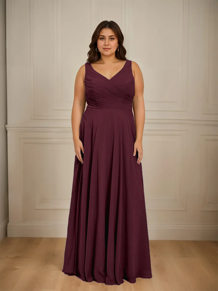Ruched V Neck Plus Size Floor Length Bridesmaid Dresses