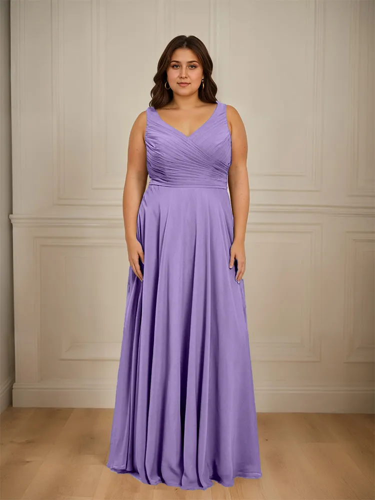 Ruched V Neck Plus Size Floor Length Bridesmaid Dresses