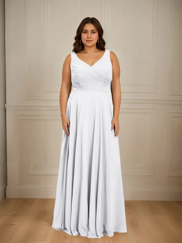 Ruched V Neck Plus Size Floor Length Bridesmaid Dresses