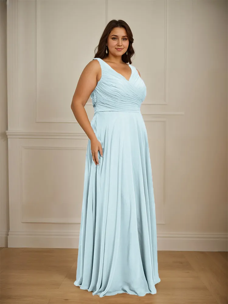 Ruched V Neck Plus Size Floor Length Bridesmaid Dresses