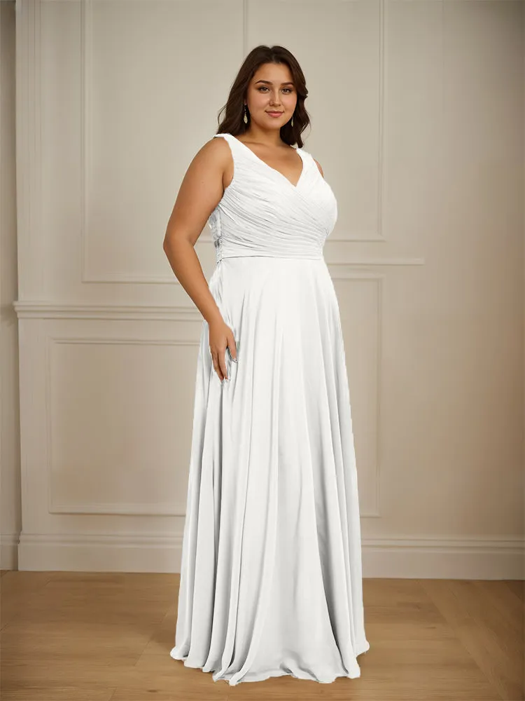 Ruched V Neck Plus Size Floor Length Bridesmaid Dresses